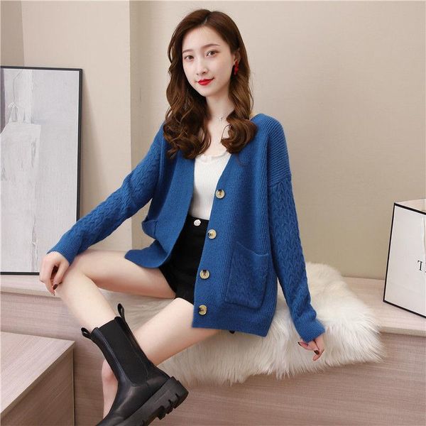 

women's knits & tees 2021 spring autumn solid color knit short coats female loose sweater jacket ladies long sleeve cardigan outwear y4, White