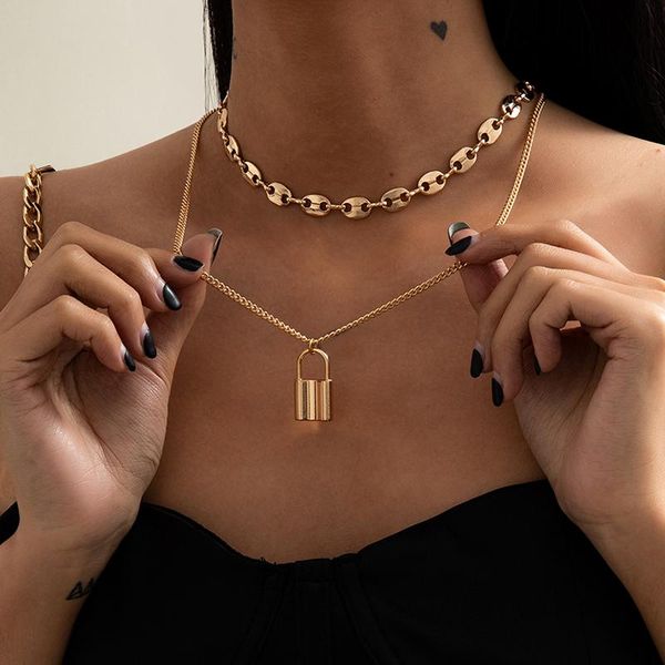 

lacteo vintage double iron chain choker necklace for women exaggerated pig nose shape clavicle jewelry accessories pendant necklaces, Silver