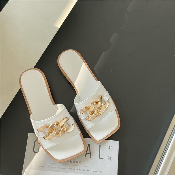 

slippers summer women slipper big gold chain design mules sandals open toe flat casual slides beach flip flops size 35-42, Black