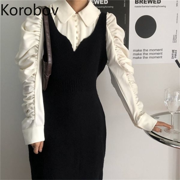 

korobov korean turn-down collar puff sleeve elegant vintage blouses and knitted v neck spaghettti strap dress 2 pieces sets 210430, White