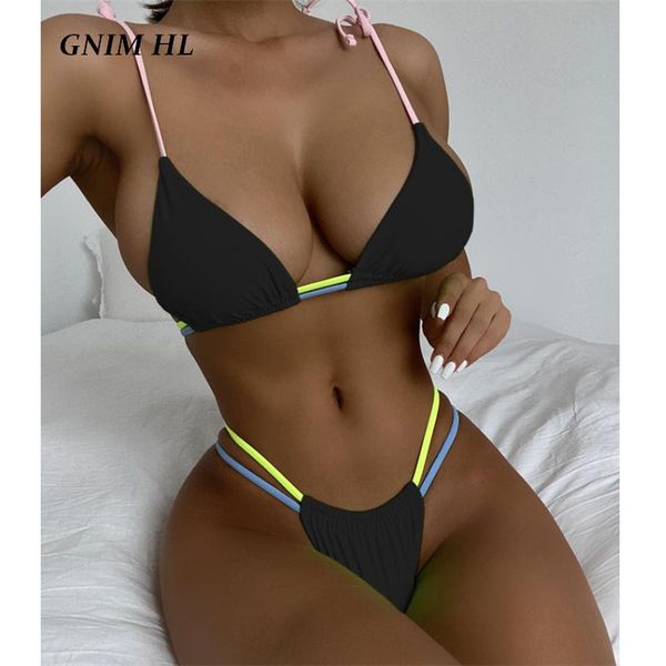 

women's swimwear gnim triangle bikini women 2 pieces solid bandage micro swimsuit female beachwear high cut backless biquini, White;black