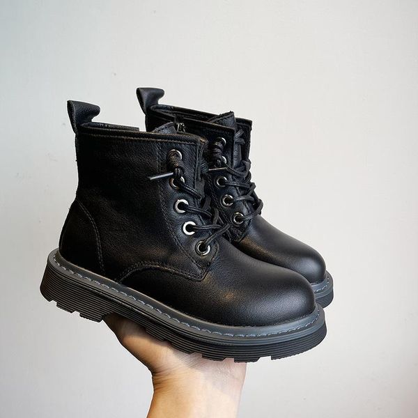

boots autumn kids military baby girls genuine leather shoes children ankle fashion brand soft motorcycle, Black;grey