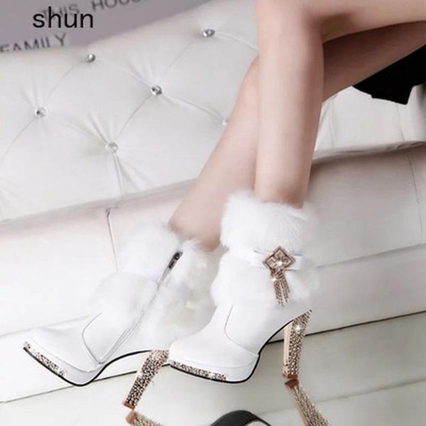 

boots women white pu leather side zipper heel botas femininas lady classic winter warm fur bottes g2848, Black