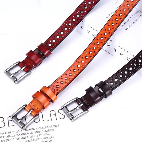 

women's genuine leather belt brand hollow out versatile superior quality alloy buckle pinhole designer fine belts, Black;brown
