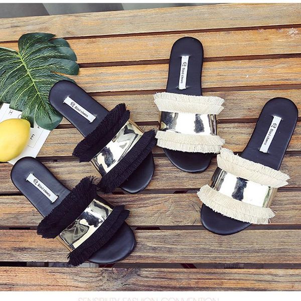 

slippers female 2021 summer joker a word procrastinates beach peep-toe contracted tassel flat cool, Black