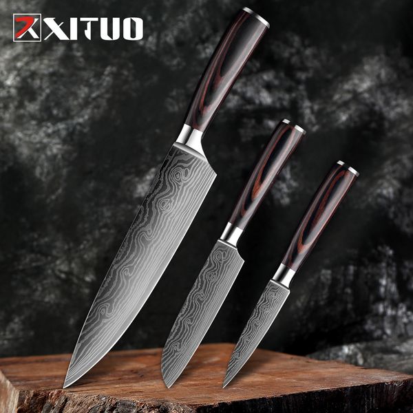 

xituo 853.5 japanese chef knife set 3 pcs damascus stee pattern kitchen knives sets ceaver paring santoku sicing utiity