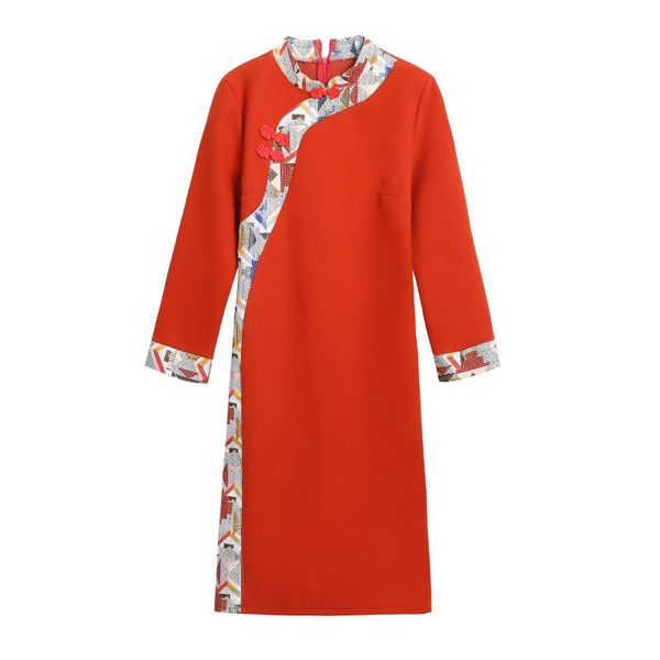 

casual dresses 2021 autumn winter women thicken woolen base dress retro embroidery patchwork improved cheongsam, Black;gray
