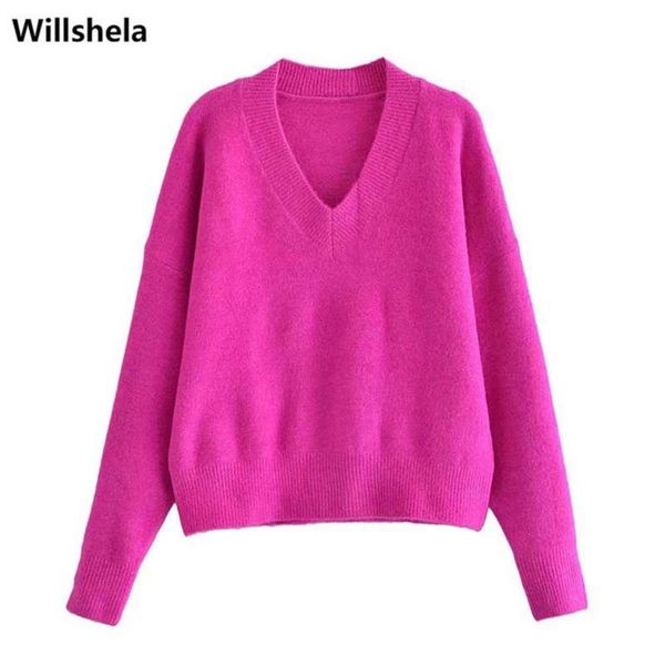 

willshela women fashion knit sweater long sleeves v-neck soft knitwear casual knitted sweaters pullover woman 210928, White