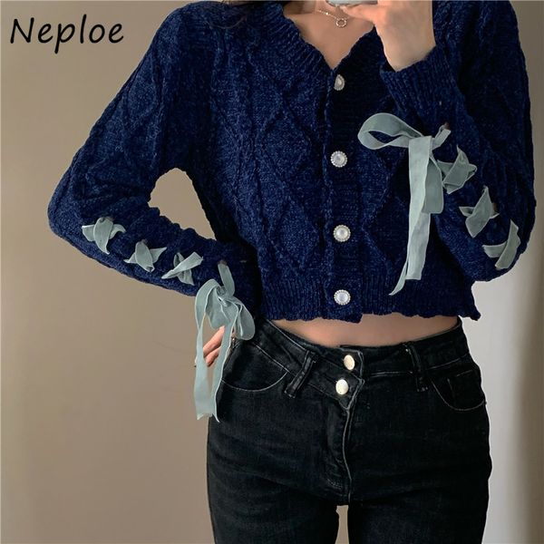 

neploe korean style ins design drawstring sweater autumn winter vintage v-neck knitted coat chic single breasted women cardigans 210423, White