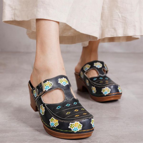 

slippers 2021 shangxin national style series wedge/thick heel printed ladies sandals, Black