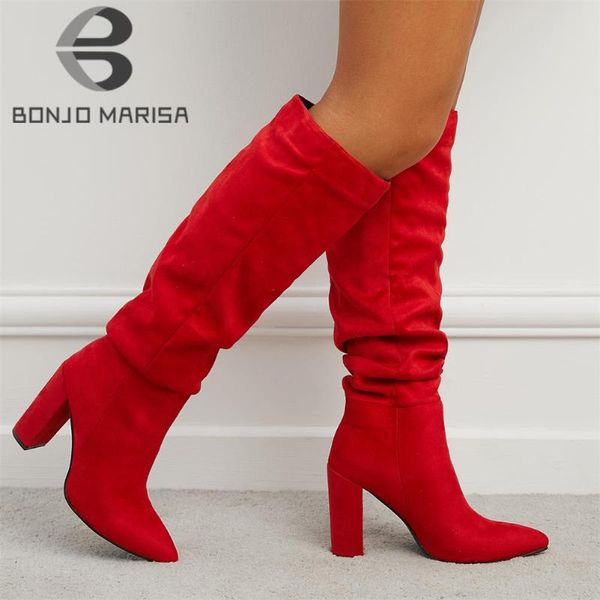 

boots bonjomarisa fashion pointed toe block high heels flock women mid calf casual pleated elegant quality shoes woman, Black