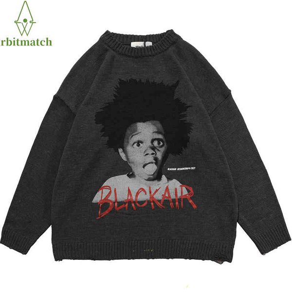 

hip hop streetwear oversized knitted men surprised child print pullover cotton harajuku sweater women 2021 autumn, Black