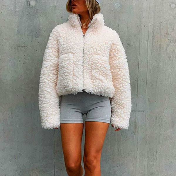 

newasia fleece jacket women lamb long sleeve fuzzy cropped jacket zipper pocket turtleneck fluffy winter coat fashion outfits 210413, Black;brown