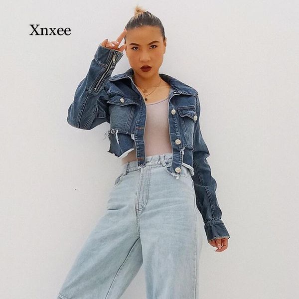 

fashion denim jackets 2021 spring irregular turn-down collar avant-garde short vintage retro jeans femme streetwear coat women's, Black;brown