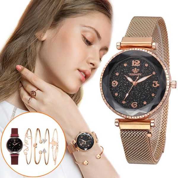 

wristwatches fashion 5pc magnet strap buckle stainless luxury bangle bracelet watch set women's scale quartz pure color belt, Slivery;brown