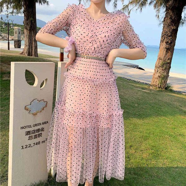 

runway designer polka dot lace mesh summer women double v-neck backless short sleeve party dress with lining 210416, Black;gray