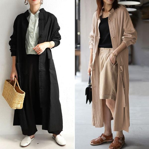 

retro button long women's chinese style blouse casual sleeve blusas female solid split shirts oversized tunic blouses &, White