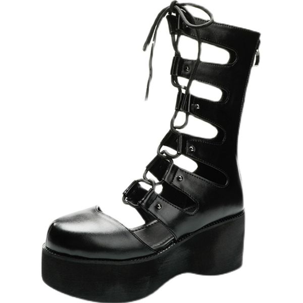 

fashion luxury brand design platform chunky heels gladiator shoelaces fashion cool black gothic sandals woman shoes