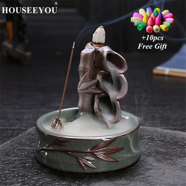 

fragrance lamps green glaze ceramic incense holder conch shell shape backflow cone burner smoke waterfall aroma censer home decor crafts