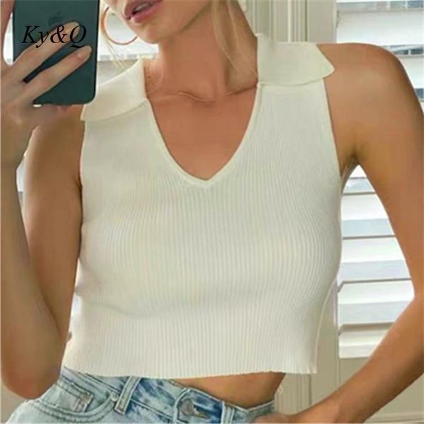 

women's tanks & camis fashion little lapel vest 2021 summer women design casual sleeveless navel exposed short tank knitted t-, White