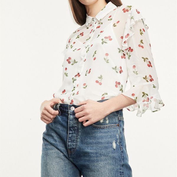 

sweaters cherry print ruffles trim blouse lady 2021 spring summer casual loose see trough thin two piece set shirt, White;black