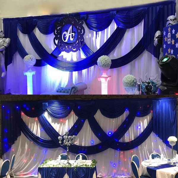 

party decoration 3*6m white ice silk wedding backdrops with royal blue swag stage background drape and curtain