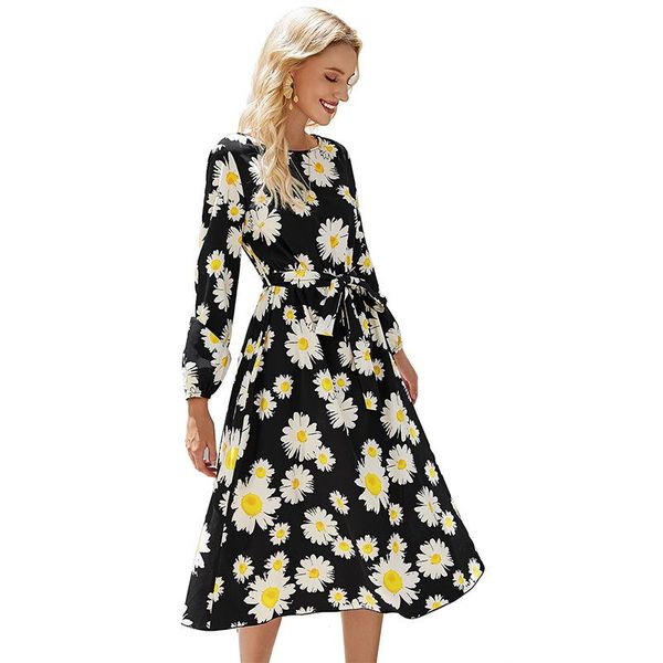 

casual dresses 2021 daisy floral print mid long dress autumn women sashes sleeve elegant slim lady splicing crew neck, Black;gray