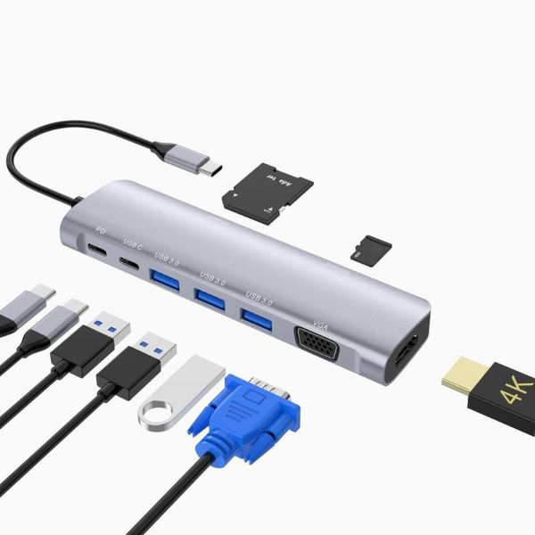 

hubs 9-in-1 multiport usb3.0 4k card reader pd charging type-c hub docking station adapter