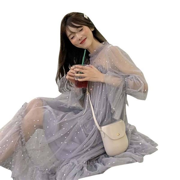 

casual dresses women mesh stitching midi dress 2021 summer women's petal sleeve pleated solid color chic sequin a-line vestidos d81, Black;gray