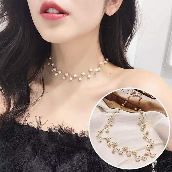 

chokers fashion statement necklace pearl bijoux simple cross strand beaded necklaces women jewelry wholesale, Golden;silver