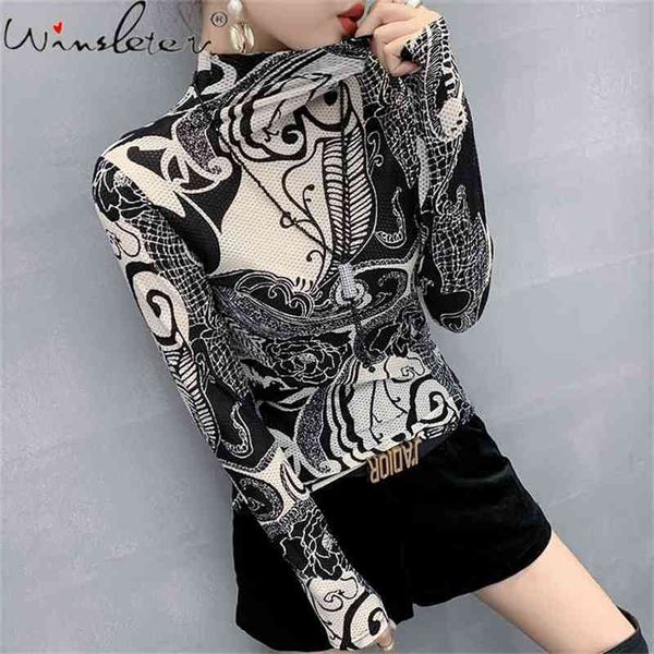 

fall winter european clothes t-shirt chic mesh print women turtleneck ropa mujer with necklace all match tees t09119l 210401, White
