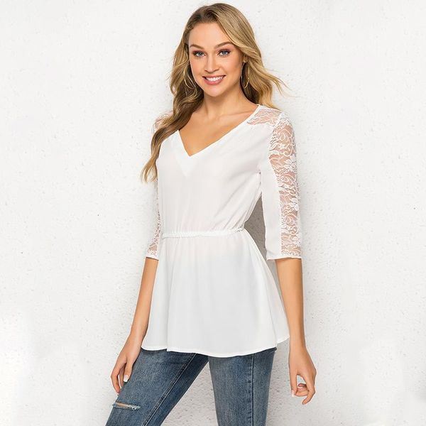 

women blouse 2021 summer v-neck mid-sleeve lace stitching receiving waist womens blouses and sweet temperament women's & shirts, White