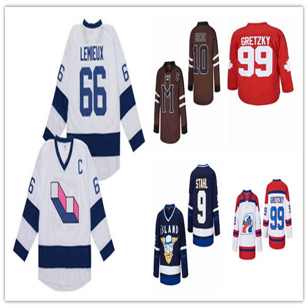 

Man Retro Movie Ice Hockey Jerseys RACERS 99 Wayne Gretzky 999 JUICE WRLD Black 10 John Biebe Brown Mystery Alaska 66 MARIO LEMIEUX White Jersey, As pic