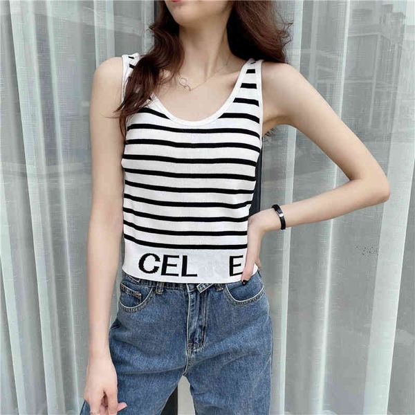 2021 Summer Women's Tube Top Letter Printing Sexy SleevelFashion Short Black White Striped Knitting Tank Tops X0507