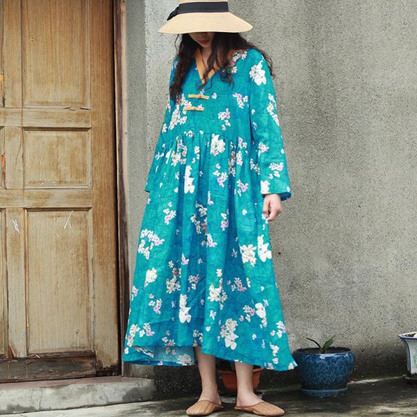 

johnature 2021 autumn vintage print floral dress v-neck long sleeve linen female clothes chinese style button pleated casual dresses, Black;gray
