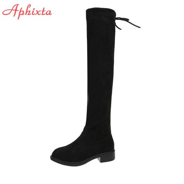 

boots aphixta winter women's high suede shoes for women square heel female fashion over-the-knee long botas mujer big size 44, Black