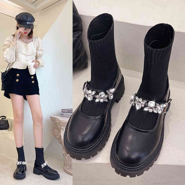 

boots women's stress ankle boots, elastic fabric platform shoes, style, autumn and winter 0k3a, Black