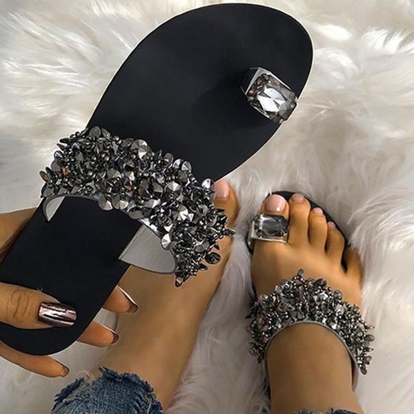 

slippers women shoes summer sandals beach pineapple flat outside slides zapatos de mujer shining crystal ladies, Black