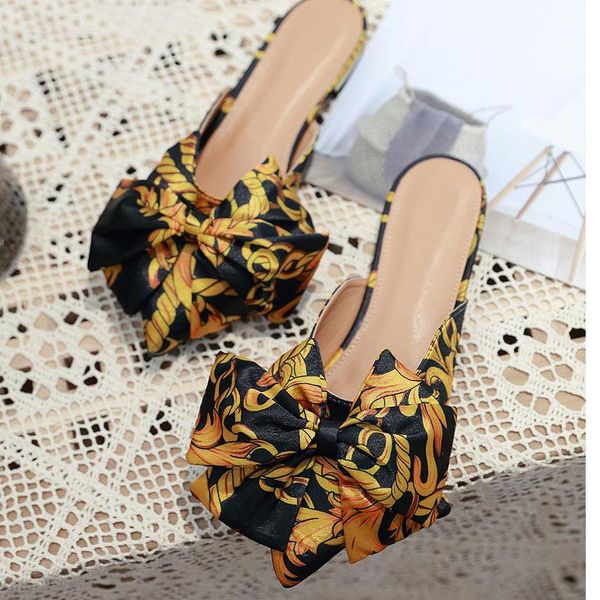 

plus size 35-43 designer women slippers floral silk bowtie pu casual flat mules ladies pointed toe outdoor female slides, Black