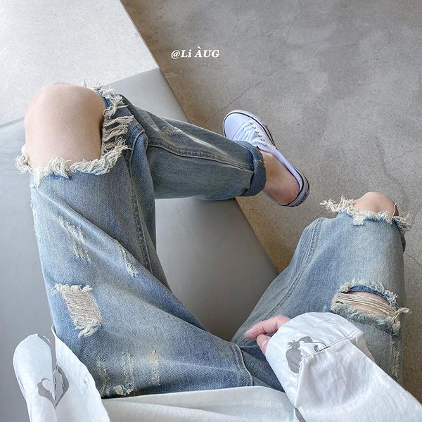 

men's jeans 2021 large hole men ripped korean style hip hop male pants loose casual streetwear women fashion, Blue