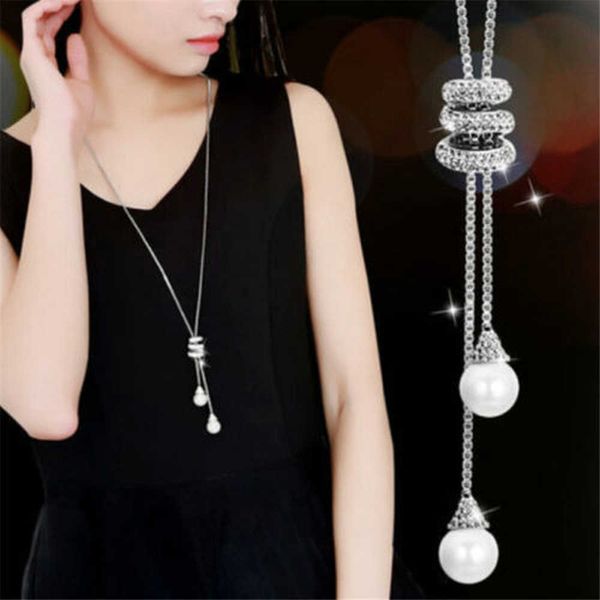 

new fashion metal long tassel rhinestone crystal pearl long chain necklace sweater patry necklace jewelry, Silver