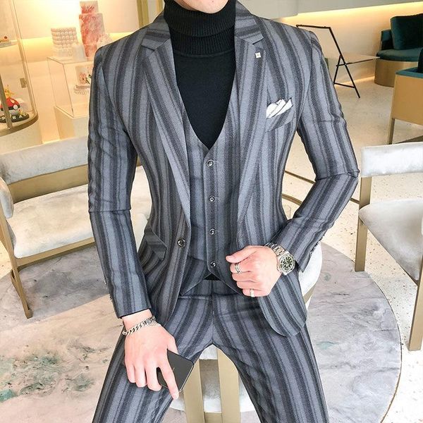 

men's suits & blazers 2021 winter mens striped suit fall wedding groom black grey stripe busines formal costume mariage homme gray tuxe, White;black