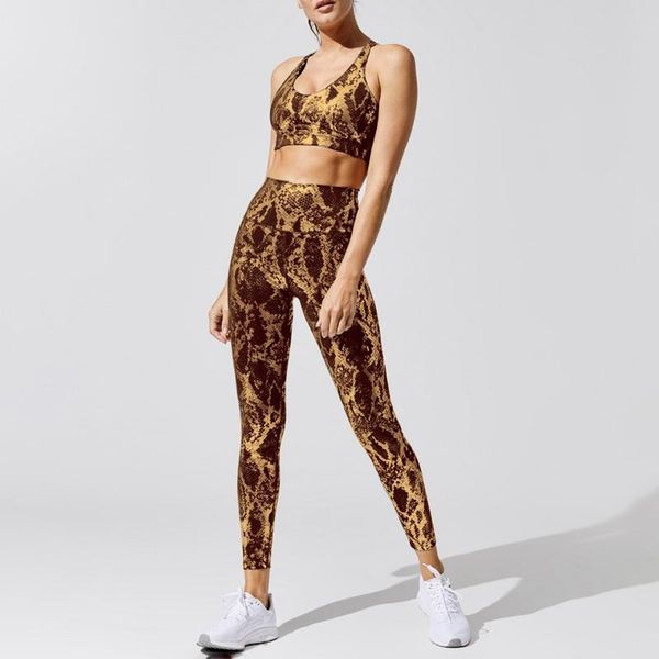 

yoga outfit women soft compression high waist comfort scrunch back bodyshaping snake print leggings and bra set