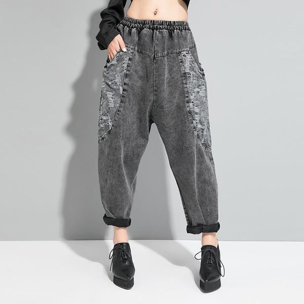 

women's jeans streetwear harem pants for women size denim cowboy trousers elastic waist water washed split, Blue