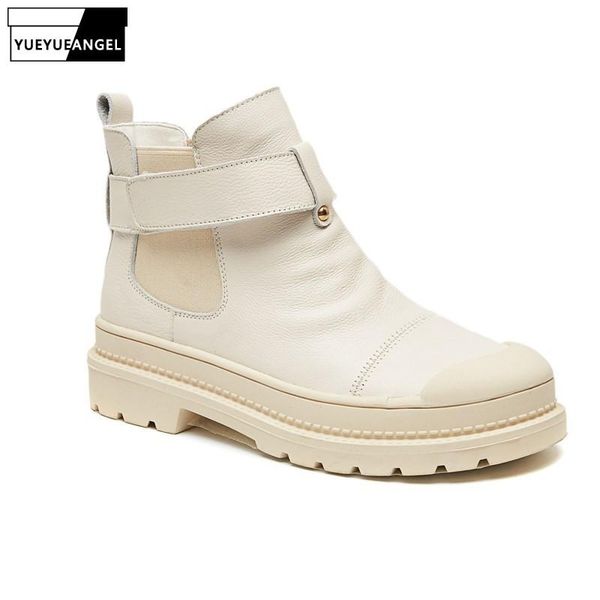 

women platform leather ankle boots casual moto biker shoes hook loop round toe riding winter streetwear botas de mujer, Black