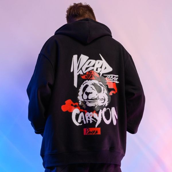 

ins brand panda sweater men's street hip hop large coat national tide fat man loose hooded clothes, Black