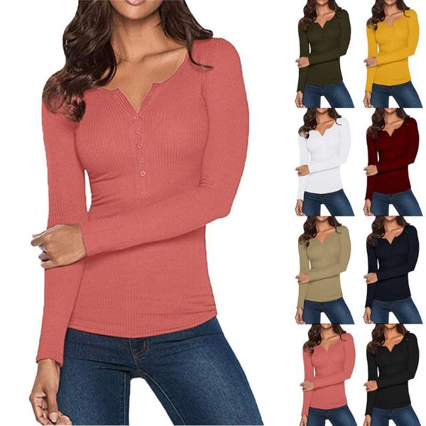 

neck t shirts for women deep solid slim fit fashion casual long sleeve button down basic women's t-shirt, White