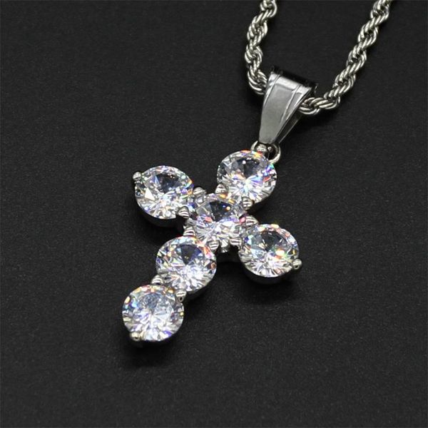

pendant necklaces women's hip hop cz cross necklace with twist rope chain stainless steel iced out bling hiphop jewelry, Silver