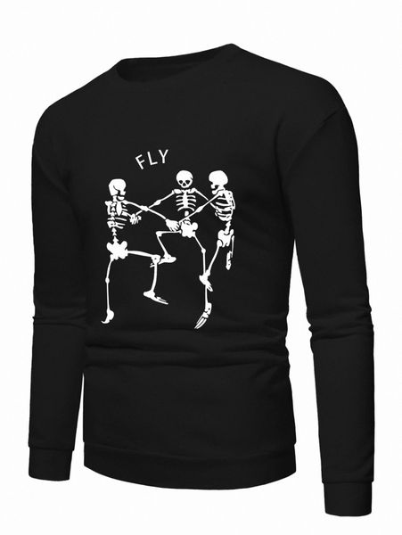 

men skeleton & letter graphic sweatshirt p1hz#, Black