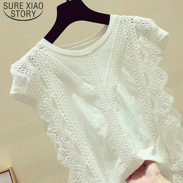 

korean summer fashion clothing solid shirt women blouse womens and blouses lace patchwork blusas plus size 210527, White
